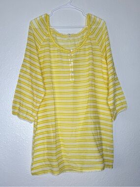 J. Crew Yellow Striped Beach Sheer Coverup Tunic 3/4 Sleeves Dress Large